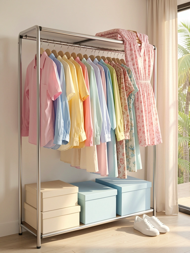 Cabideiro metálico moderno com camisas e vestidos pastel, caixas de armazenamento bege e azul no chão, tênis branco à direita, luz natural.