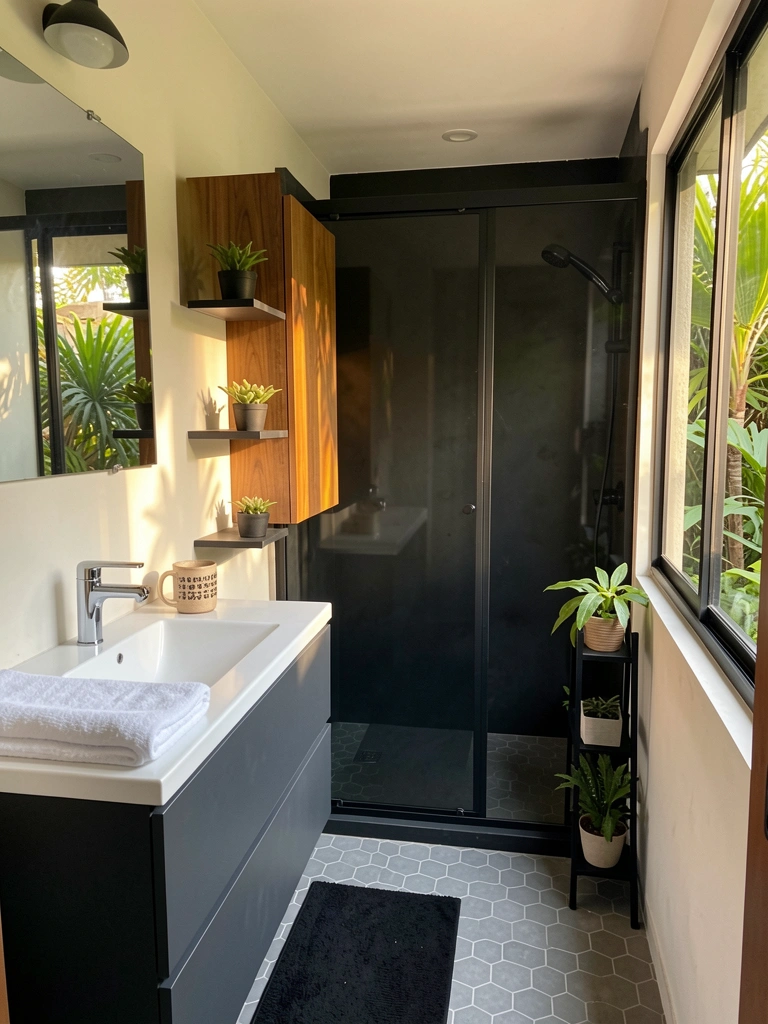 Armário cinza escuro com pia branca e torneira cromada, box preto com porta de vidro, prateleiras metálicas com vasos de plantas, piso hexagonal cinza e luz natural entrando por janela com vegetação externa.