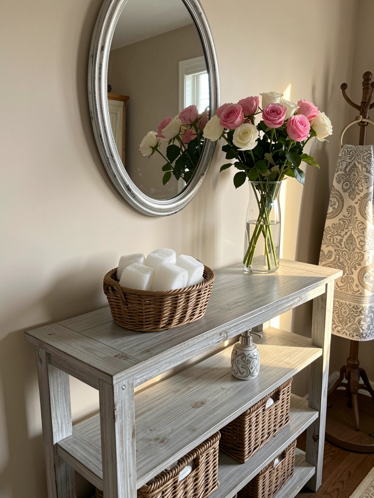 Mesa de console de madeira clara com cestos de vime e vaso de rosas, espelho oval prateado e toalha estampada ao fundo, luz natural suave.
