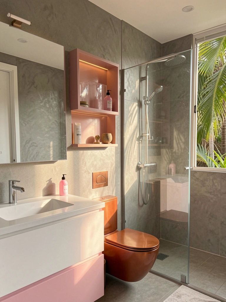 Lavabo com penteadeira rosa, privada cobre e nicho na parede cinza texturizada, luz embutida no armário espelhado.