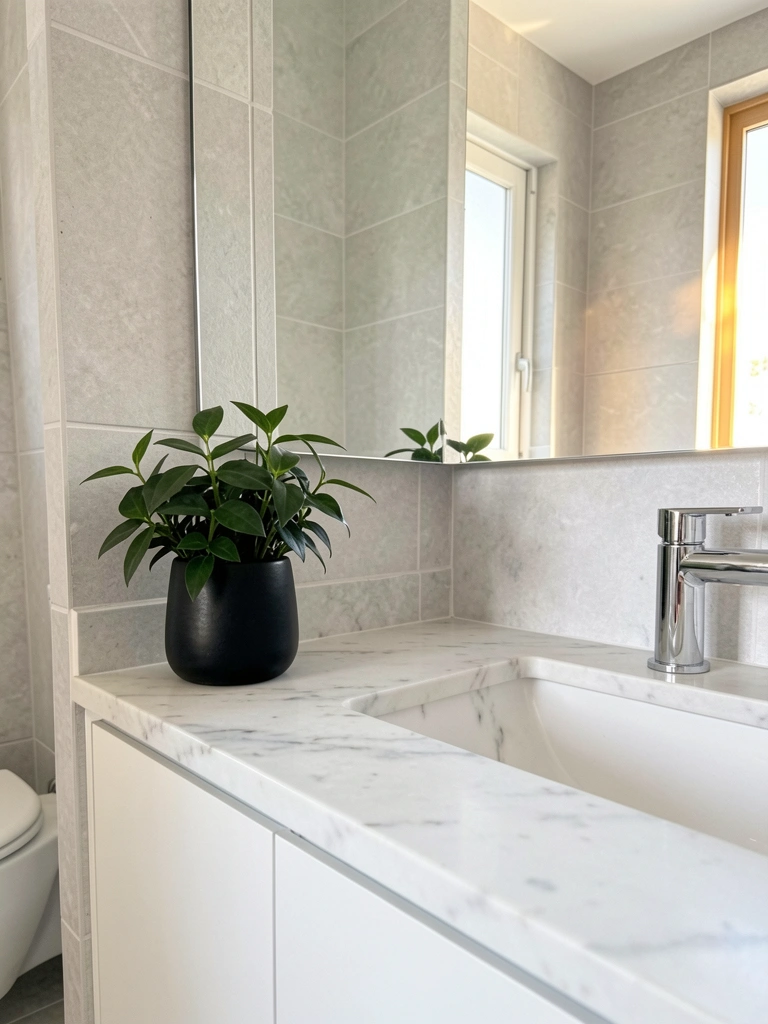 Bancada de mármore branco com torneira moderna e vaso preto com planta verde, parede de azulejos cinza claro e espelho retangular, luz natural suave.