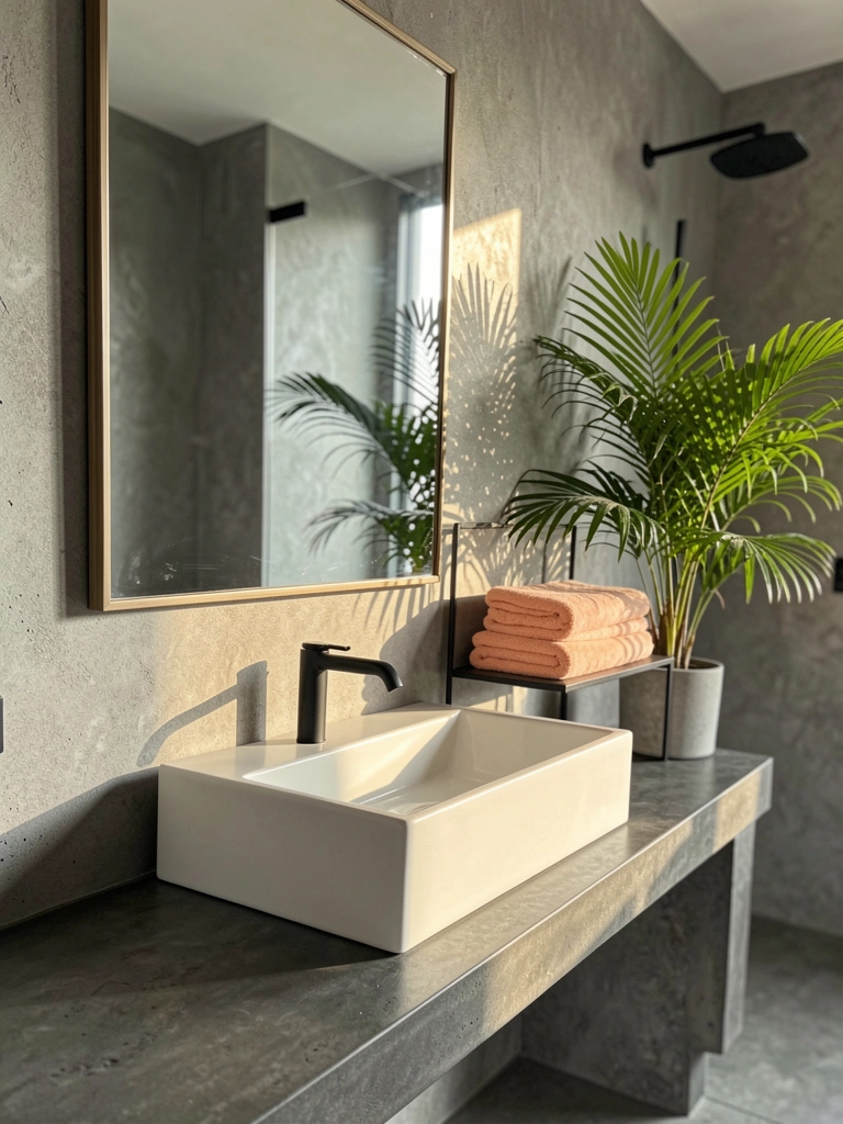 Pia branca retangular com torneiras pretas minimalistas sobre bancada de concreto cinza escuro, espelho reflete parede texturizada e chuveiro preto, prateleira com toalhas pêssego e palmeira, luz natural difusa.
