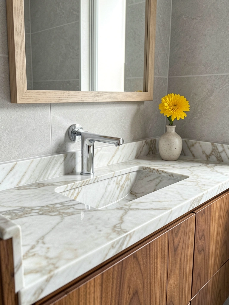 Mármore branco com veios escuros, cuba embutida, torneira cromada minimalista e vaso cerâmico com flor amarela sobre bancada de madeira.