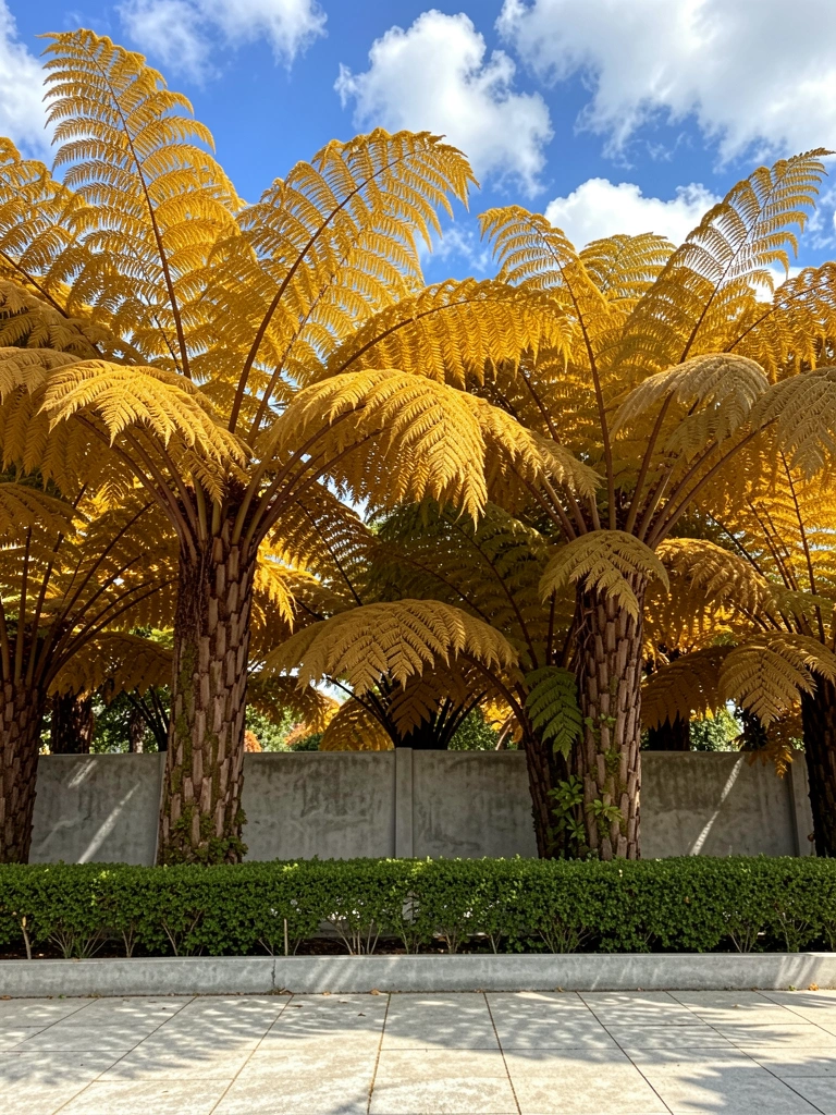 Agrupamento de samambaias-arbóreas com folhagem amarelo-dourada sob céu azul com nuvens, muro de concreto cinza e sebe verde ao fundo, piso de lajes claras.