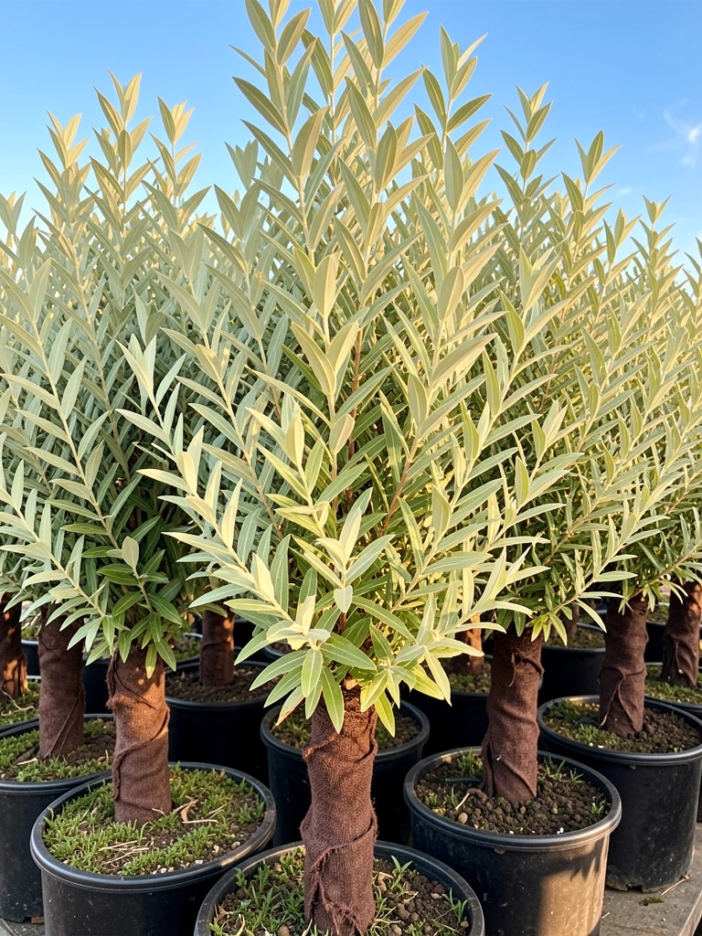 Mudas de árvores de folhagem verde-clara em vasos pretos, troncos envoltos em aniagem, fileiras ordenadas sob céu azul claro.