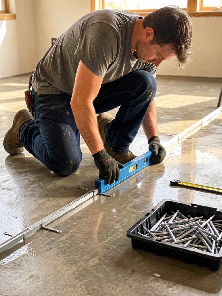Trabalhador de joelhos instala clipes de nivelamento em piso de concreto polido, usando ferramenta azul e luvas pretas, com bandeja plástica e fita métrica ao lado, luz natural refletindo no chão.