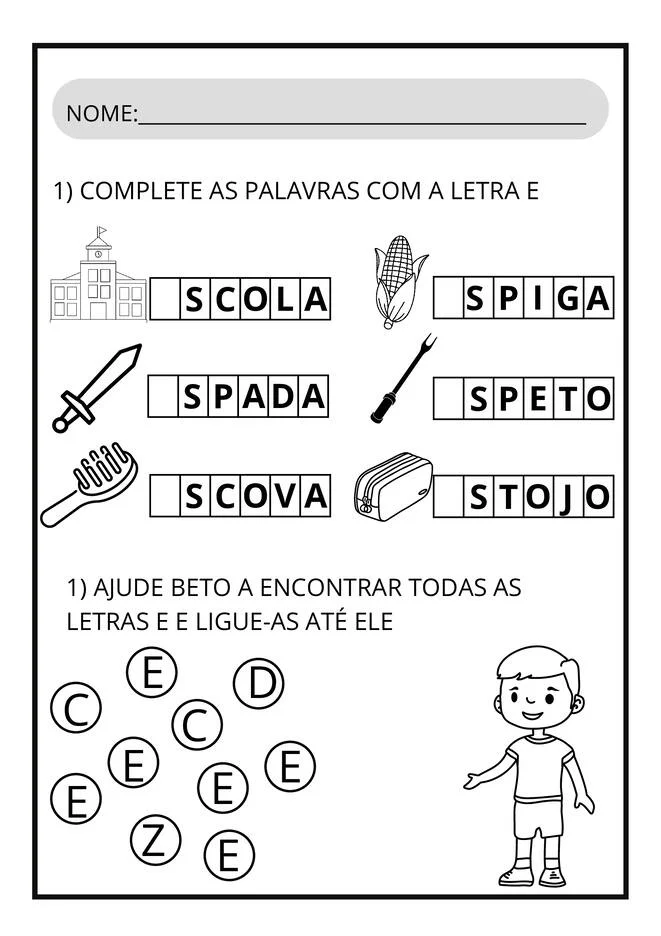 atividades letra E 5 anos