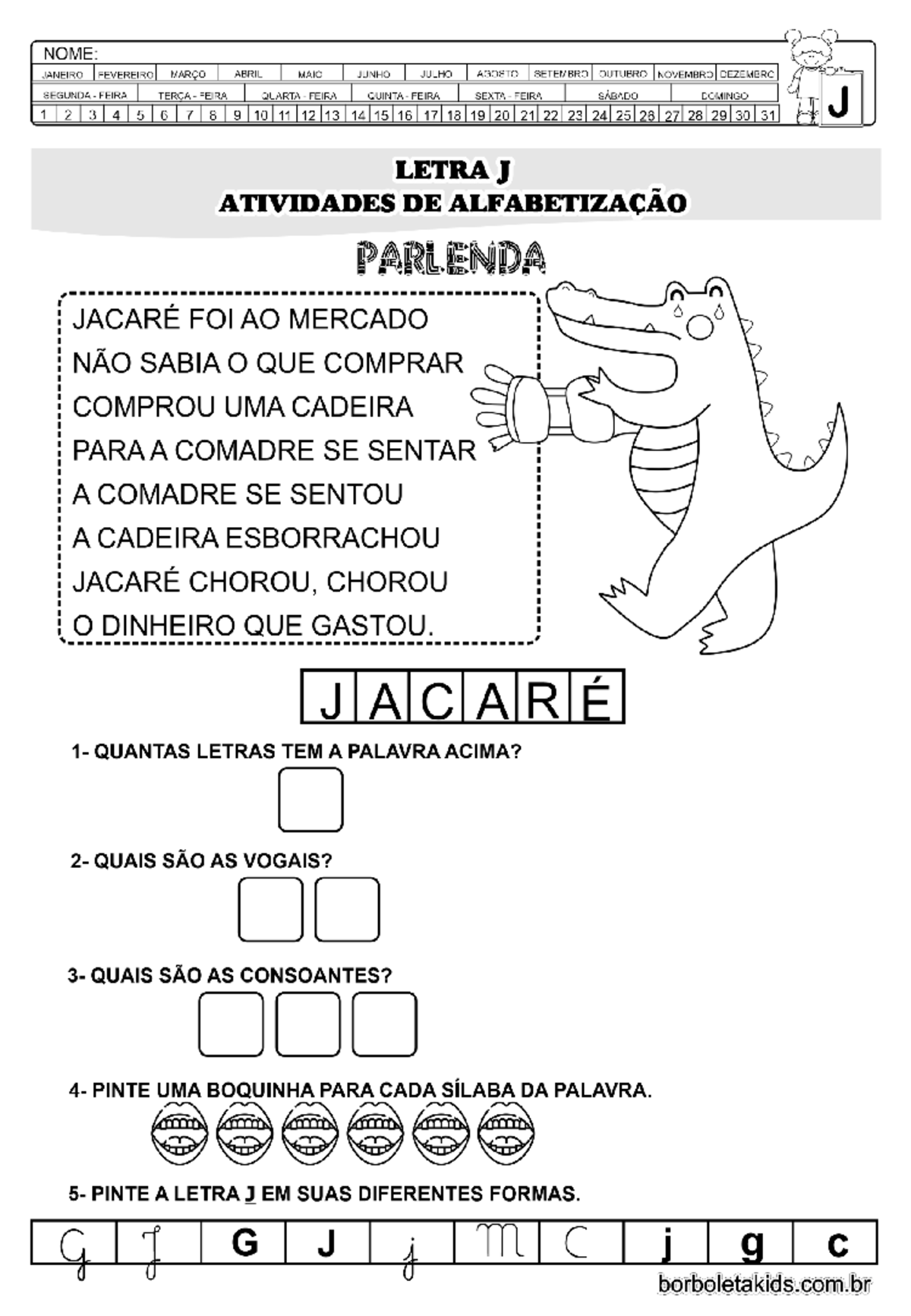 texto com letra J para alfabetizar