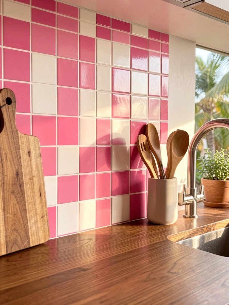 Azulejo xadrez rosa e branco em cozinha moderna com bancada de madeira escovada, torneira de aço inoxidável e vaso de cerâmica, luz natural destacando o padrão.