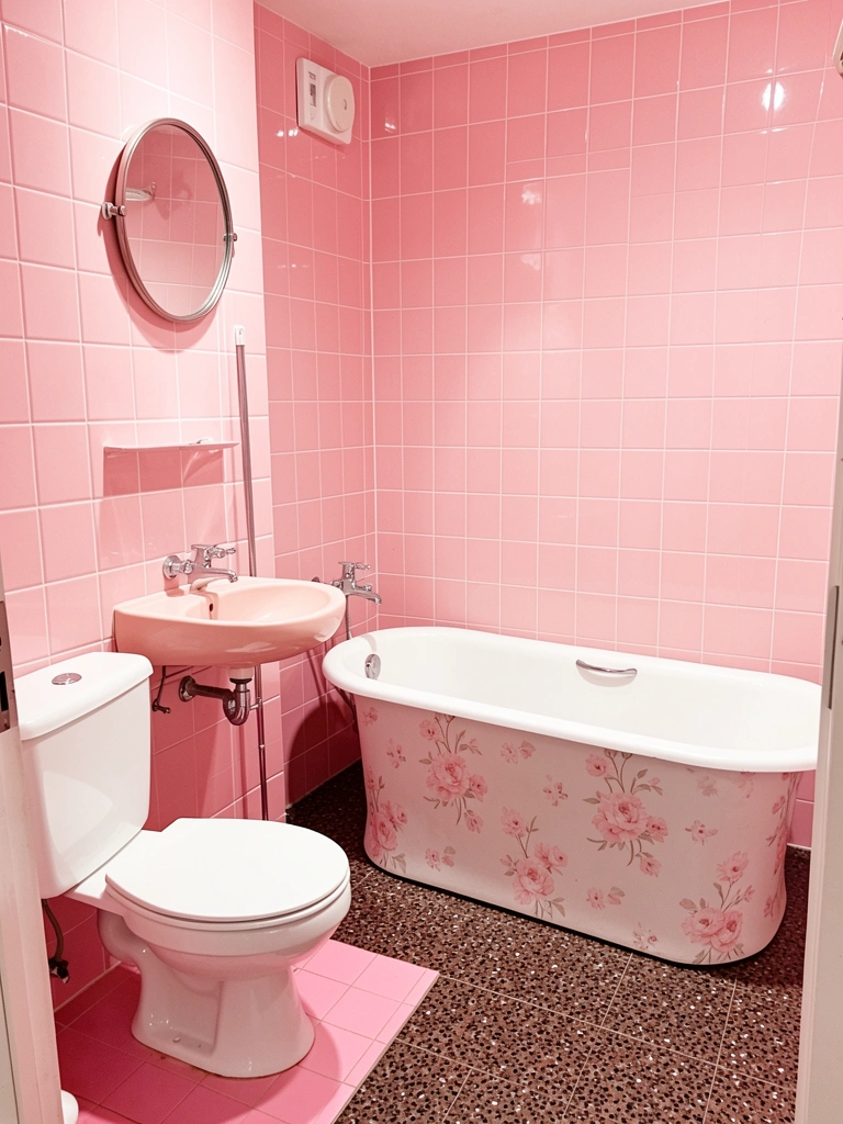 Paredes de azulejos rosa, piso de ladrilhos marrom-escuros, banheira branca com estampa floral e pia rosa clara com torneira cromada.