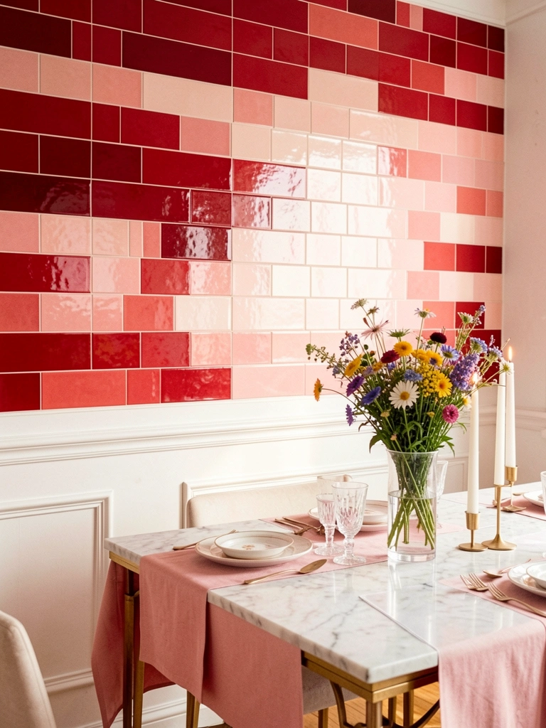 Parede de azulejos vermelhos em degradê com moldura branca, mesa de mármore com toalha rosa, vaso de flores silvestres e velas em castiçais dourados sob luz natural.