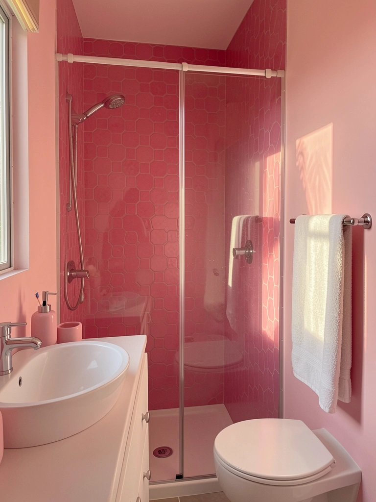 Chuveiro com azulejos hexagonais rosa, penteadeira branca com pia redonda e acessórios rosa, luz natural refletindo no vidro.