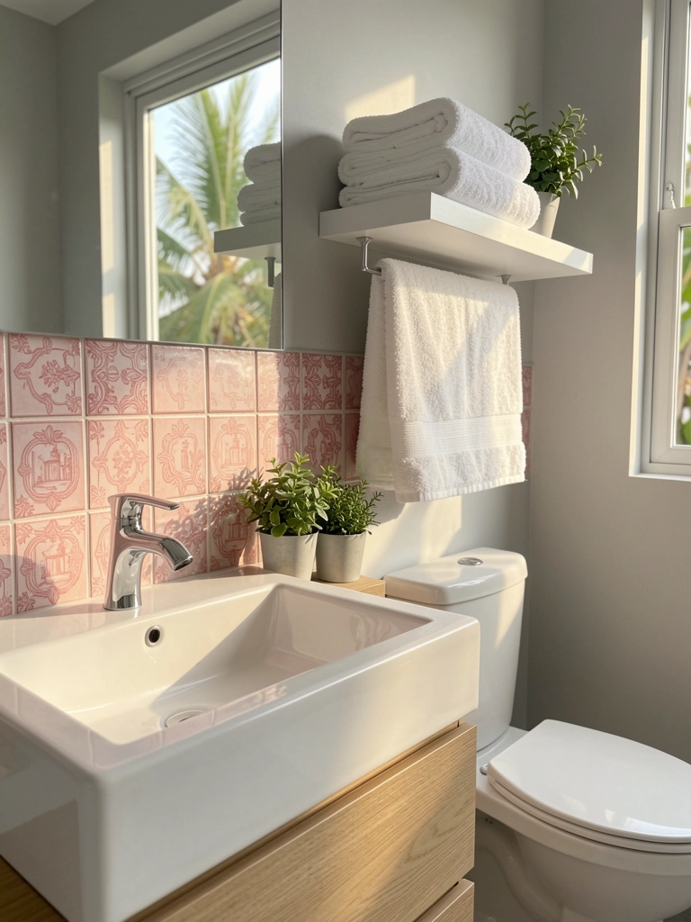 Pia de cerâmica branca com azulejo rosa claro, toalha felpuda pendurada e plantas em vasos sobre bancada de madeira clara.