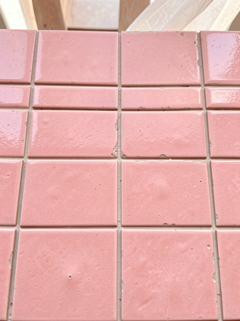 Azulejos de cerâmica rosa fosco em grid, com variações sutis de tom e textura, luz natural difusa e fundo arejado.