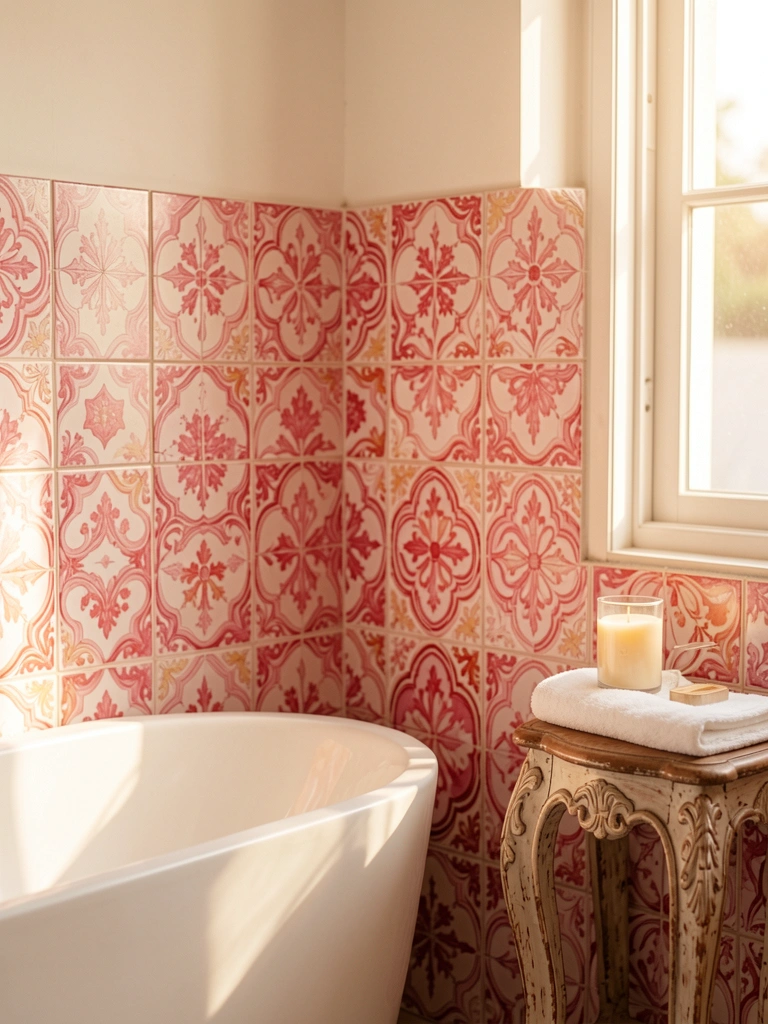 Azulejos florais rosa e vermelho em close, banheira branca ao fundo e mesinha lateral com vela e toalha, luz natural.