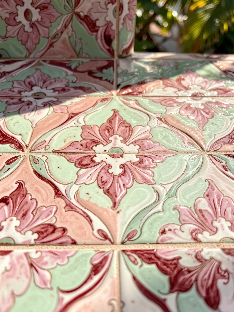 Azulejos pintados à mão em tons de rosa, bordô e verde menta, com motivos florais e luz natural destacando a textura esmaltada.