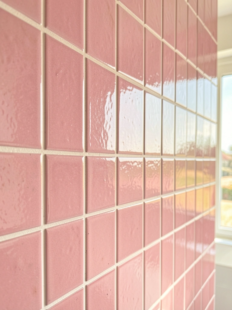Parede revestida com azulejos quadrados cor-de-rosa, luz natural criando sombras suaves nas superfícies vidradas.