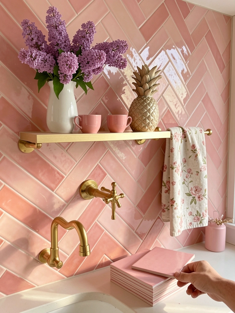 Parede de azulejos rosa em espinha com torneira dourada, prateleira com buquê de lilases e toalha floral.