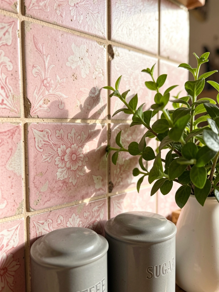 Azulejos rosa floridos envelhecidos em grid, vaso verde com planta à direita, potes cinza 