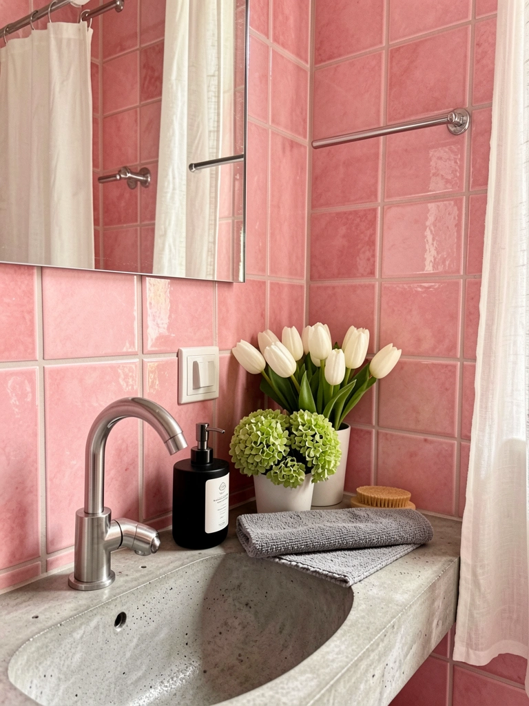 Luz natural incide sobre azulejos rosa e bancada de concreto com torneira prateada, saboneteira preta e branca, toalha cinza e vaso de tulipas brancas e hortênsias verdes.
