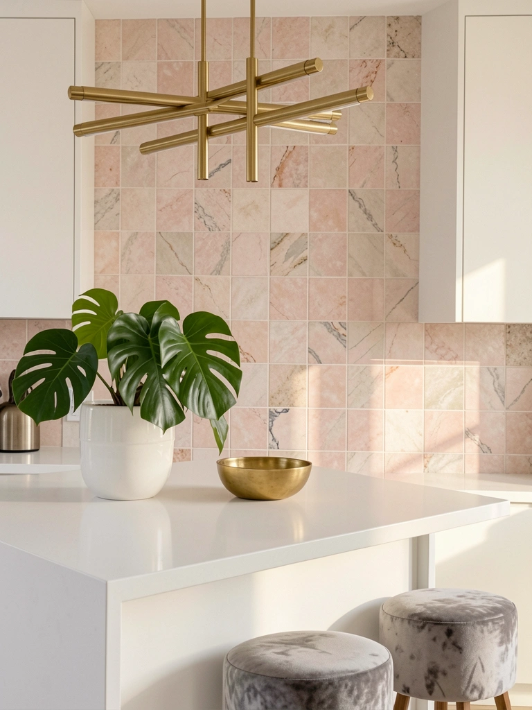 Parede de azulejos rosa claro com variações sutis, lustre dourado linear, folha de Monstera em vaso branco sobre bancada de quartzo.