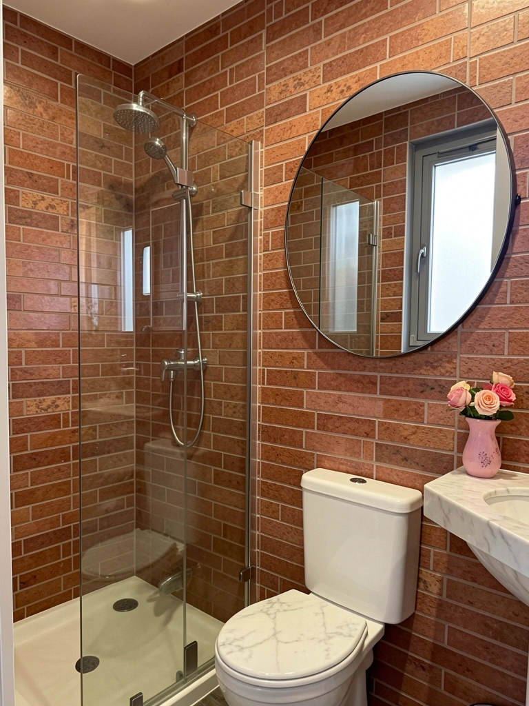 Vidro do box reflete azulejos tijolo avermelhados; vaso rosa com rosas sobre bancada; luz natural entra pela janela de moldura cinza.