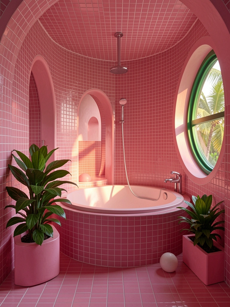 Paredes e piso de azulejos rosa envolvem banheiro com banheira circular, plantas verdes e janela redonda com moldura verde, luz tropical.