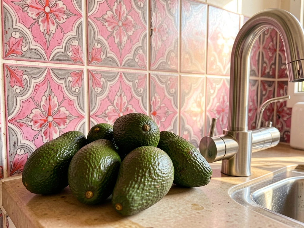 Azulejos florais rosa e cinza em close, com pilha de abacates ao lado de torneira de aço escovado sob luz natural.