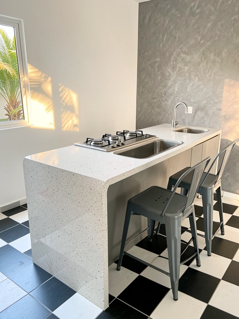 Bancada de cozinha em Carrara e Branco Paraná com fogão embutido, piso xadrez preto e branco, cadeira cinza e luz natural filtrada por janela.