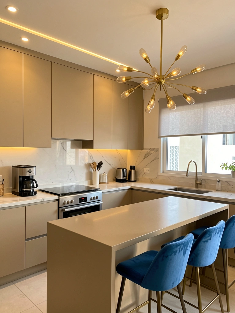 Armários e bancada em tom bege aquecido, fogão de aço inoxidável, coifa e cafeteira sobre bancada de mármore branco, banquetas azuis de veludo junto à ilha taupe, lustre dourado e luz natural filtrada por persiana cinza clara.