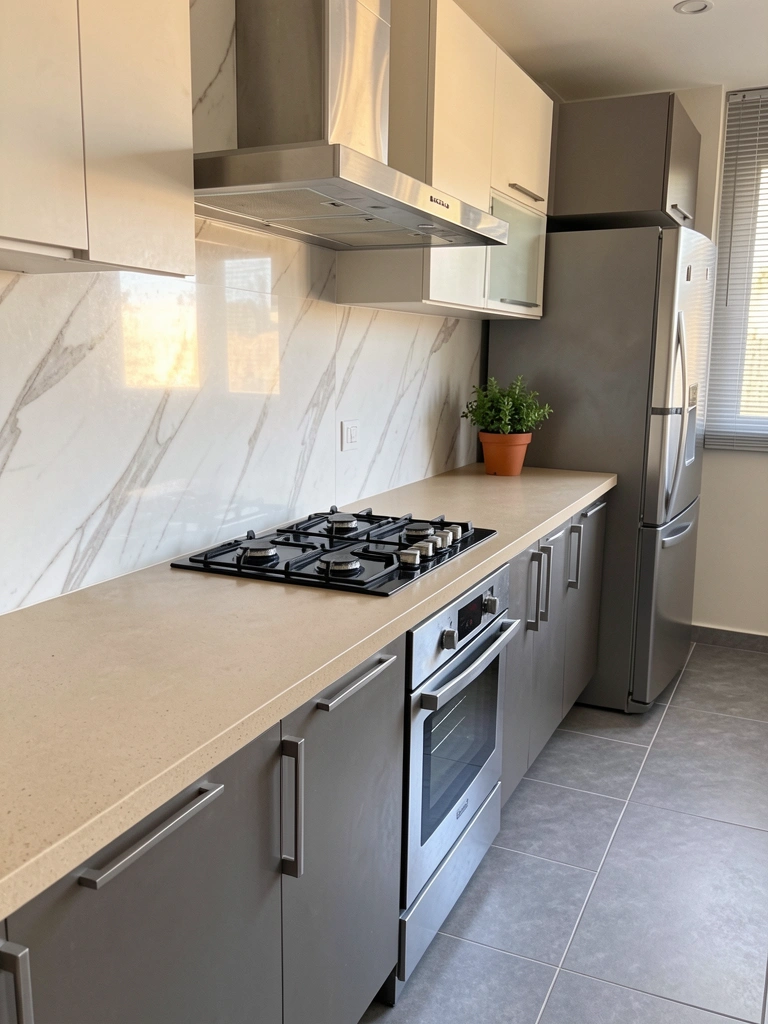 Bancada bege com backsplash de mármore branco, fogão moderno preto e vaso de planta, luz natural destacando texturas.