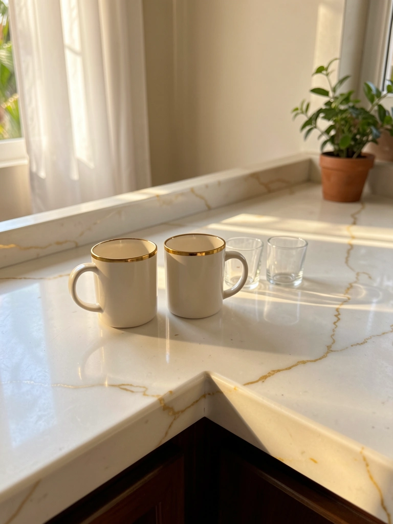 Bancada de mármore branco com veios dourados, caneca de cerâmica e copos pequenos, planta em vaso, luz natural filtrada por cortina.