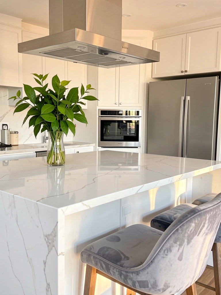 Bancada de mármore branco polido reflete a luz natural, com banquinhos estofados em cinza e um vaso de vidro com planta verde.