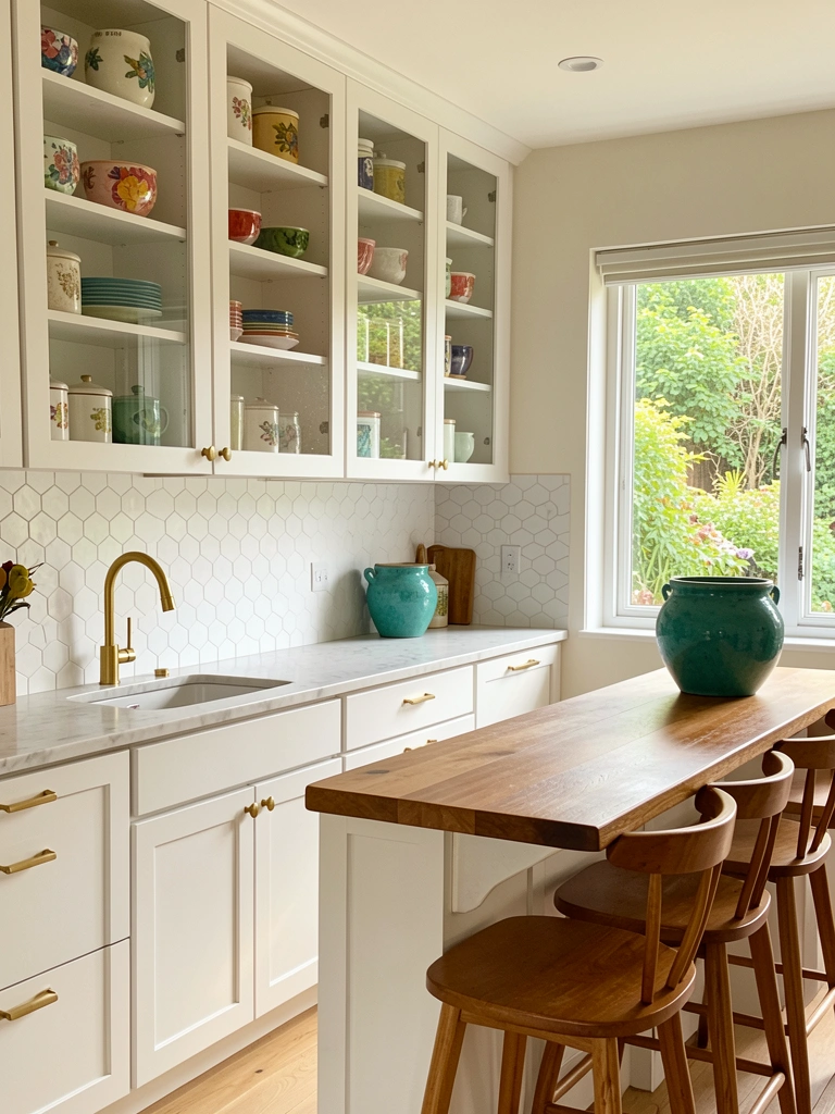 Cozinha clara com backsplash de azulejo hexagonal branco, bancada de mármore, torneira dourada e pote cerâmico azul-petróleo sobre a ilha de madeira.