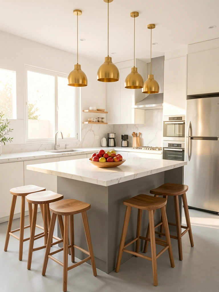 Bancada de mármore branco com tábua de madeira e frutas vermelhas, pendentes dourados e armário cinza claro, luz natural difusa.