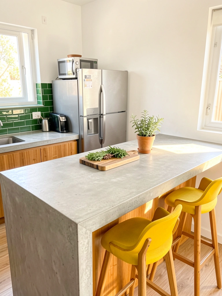 Luz natural incide sobre bancada de concreto cinza claro e ilha de madeira mel, com geladeira inox, verde-água nos azulejos e bancos amarelos.