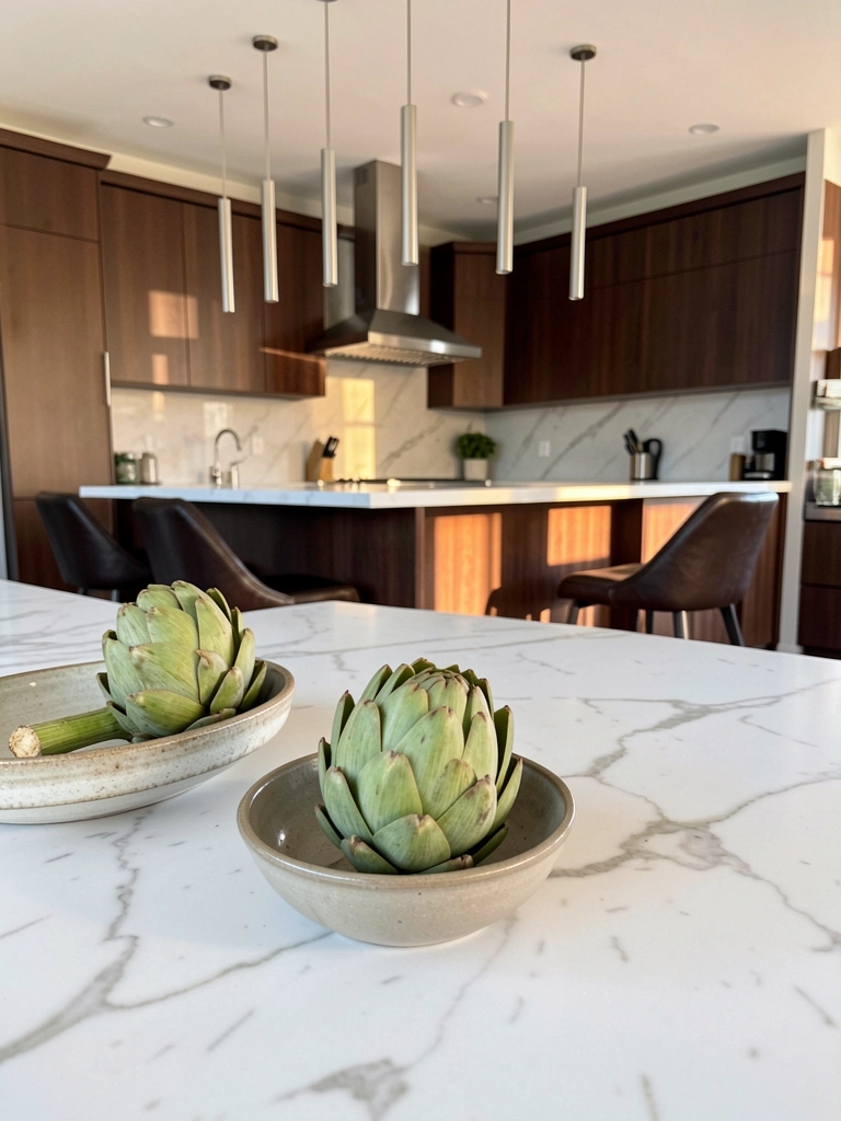 Pendentes minimalistas sobre ilha de cozinha em U com bancada de mármore branco, alcachofra em tigela e banquetas de couro escuro.