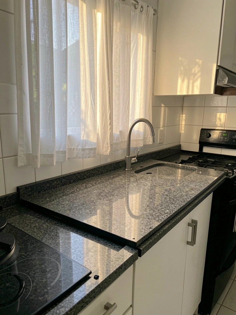 Granito escuro com textura detalhada sobre azulejos brancos e fogão preto, cortina clara e luz natural filtrada por janela.