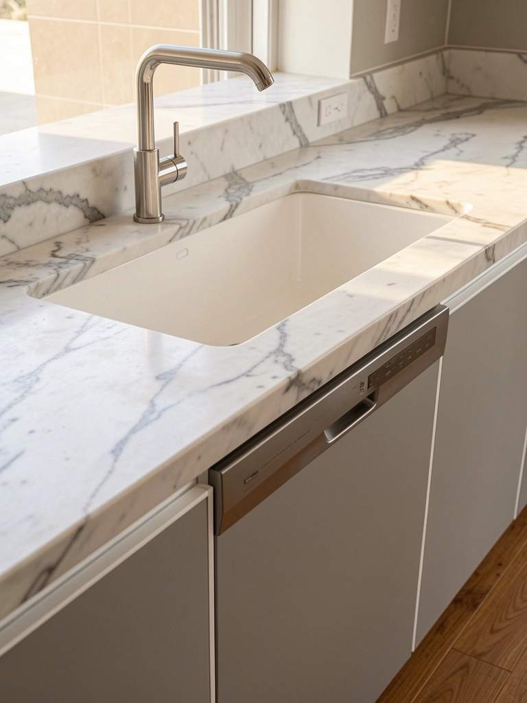 Bancada de mármore branco com veios cinza, pia de aço inoxidável e armário cinza claro minimalista, luz natural.