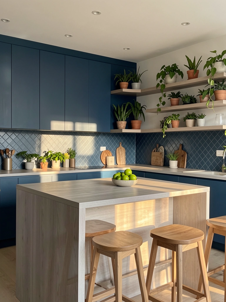 Ilha de cozinha cinza claro com banquetas, armários azuis escuros e backsplash de diamante, prateleiras com vasos de plantas, tigela de limas na ilha, luz natural quente.