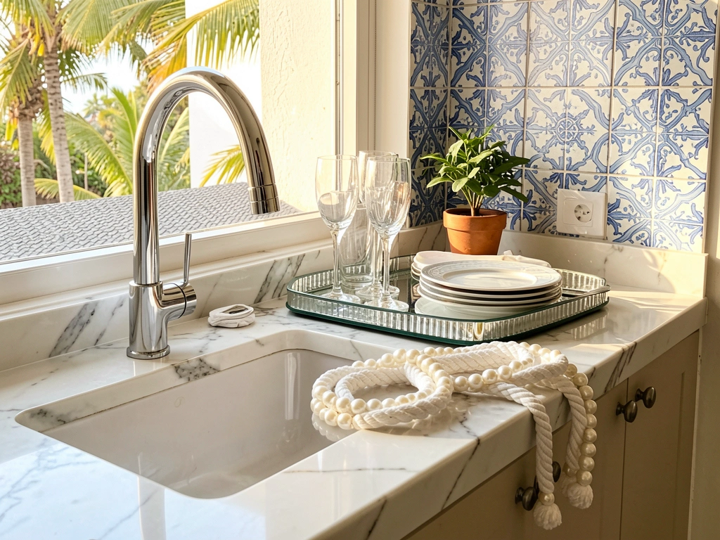 Bancada de mármore branco com veios, torneira cromada, bandeja espelhada com taças e pratos, azulejos azuis e brancos, corda com pérolas, vaso de planta, luz natural.