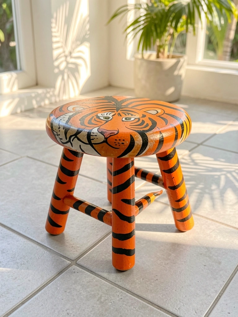Banco de madeira pintado com tigre laranja e listras pretas, em piso de cerâmica cinza claro sob luz natural quente.