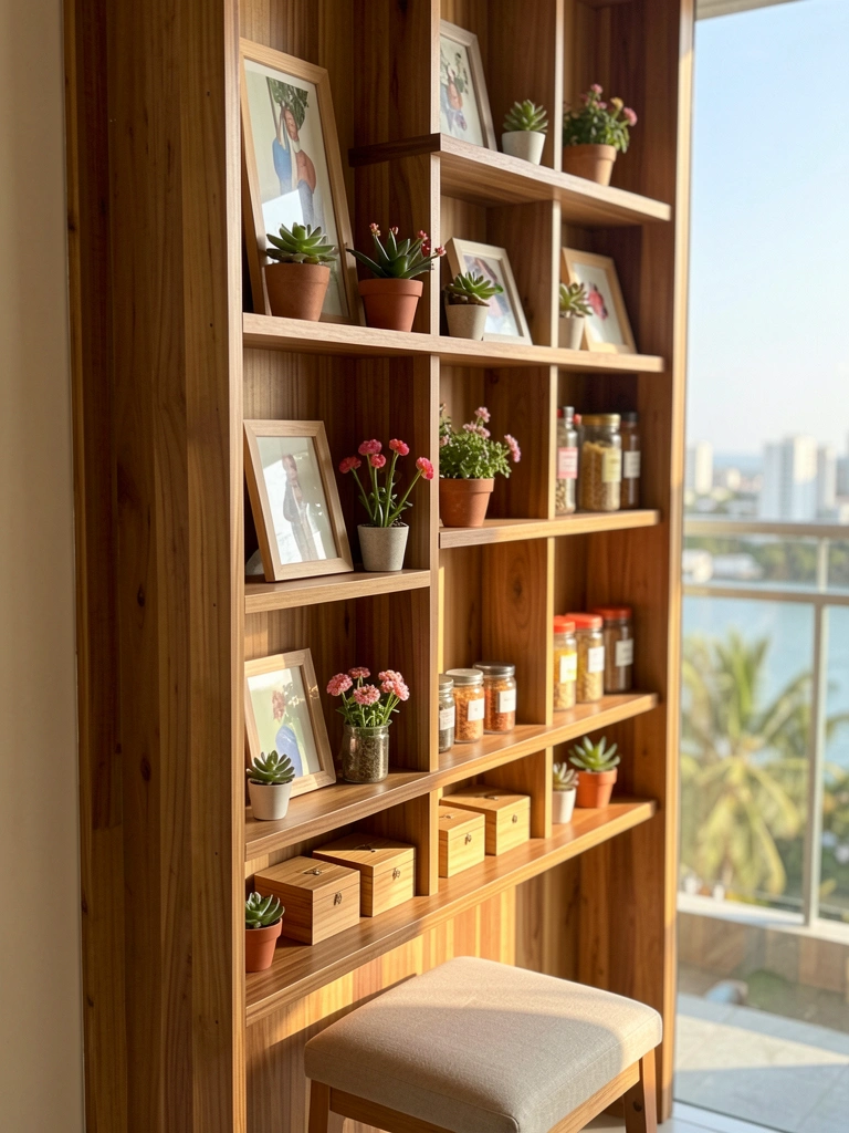 Painel de madeira com nichos e prateleiras cheios de suculentas, livros e potes de especiarias, banco estofado abaixo e vista de varanda com cidade ao fundo.