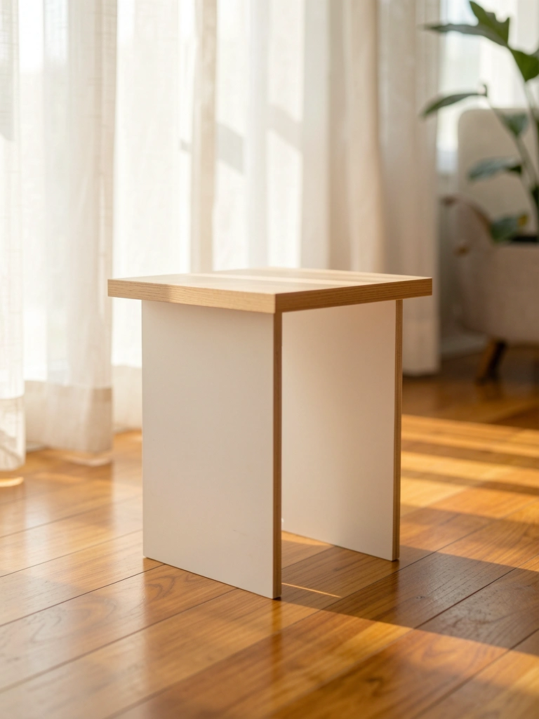 Banquinho MDF com tampo claro e base branca sobre assoalho polido, luz natural filtrando por cortinas finas.