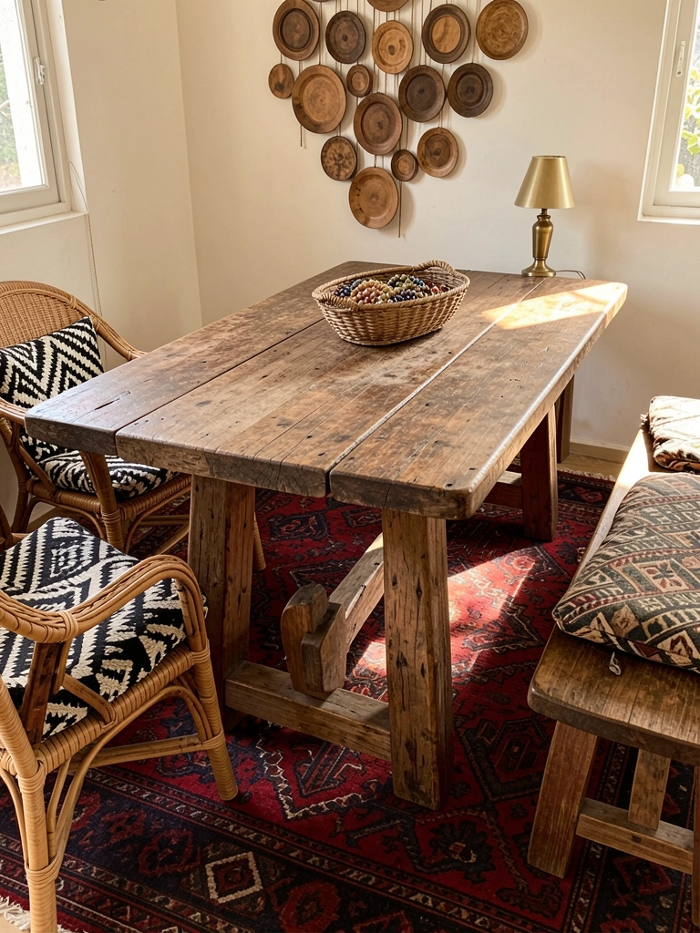 Mesa de madeira rústica com cesto de miçangas decorativas, cadeira de vime com almofada listrada e tapete vermelho sob luz natural.
