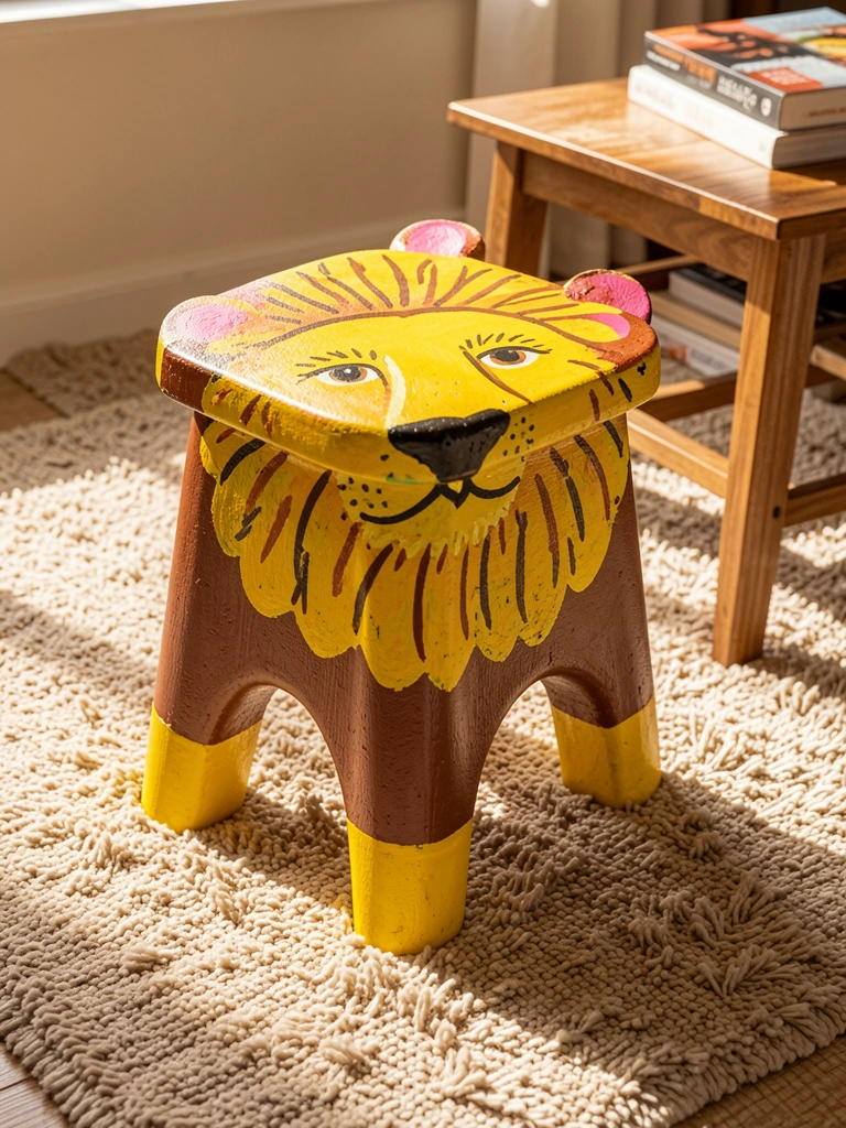 Banco pintado à mão em forma de leão, corpo marrom e pernas amarelas, sobre carpete bege felpudo, mesa lateral de madeira com livros ao fundo, luz natural.