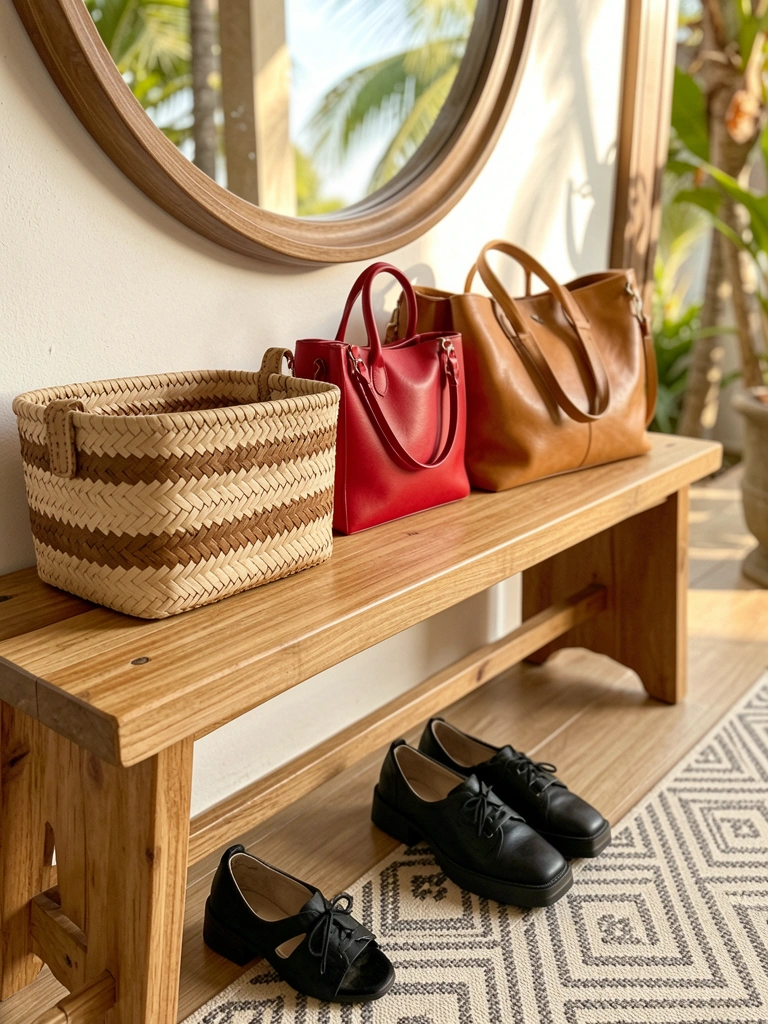 Banco de madeira com cesto de vime, bolsa de couro vermelha e sapatos pretos sobre tapete geométrico, luz natural tropical.