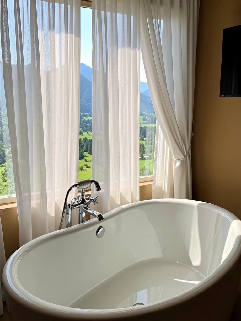 Banheira oval branca com torneira cromada ao lado de janela com cortinas brancas, vista de vale verde e montanhas ao fundo, luz natural suave.