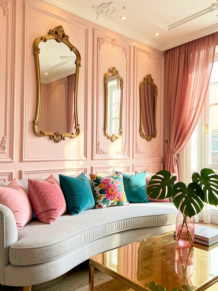 Boiserie rosa-claro com espelhos dourados e sofá curvo cinza, almofadas pink e teal, mesa de centro dourada com vaso de vidro rosa e Monstera, luz natural filtrada por cortina rosada.