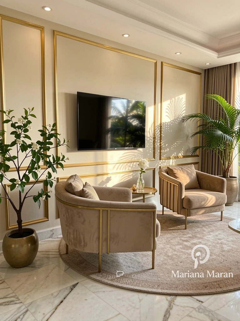 Poltronas bege com detalhes dourados, tapete circular com logotipo sutil, parede painelada com iluminação embutida e luz natural.